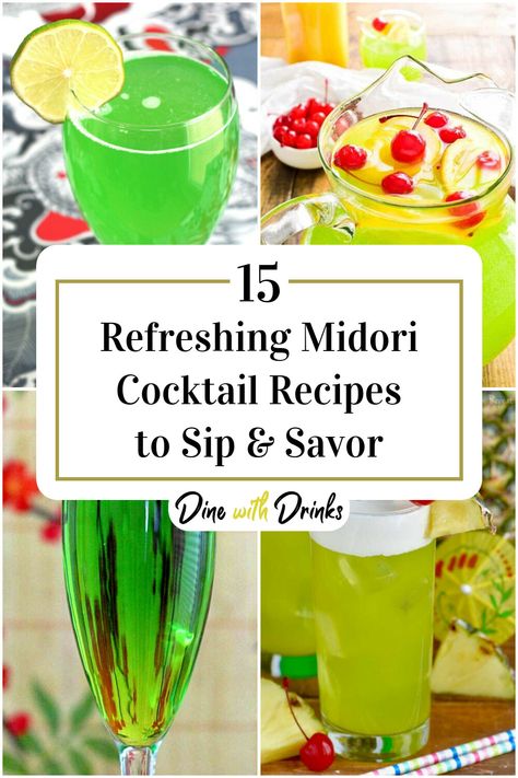 Collage of 4 midori cocktails. Midori Christmas Cocktail, Midori Drinks, Midori Cocktails, Easy Summer Cocktail Recipes, Light Drinks, Best Drinks, Summer Dining, Summer Cocktail Recipes, Whiskey Drinks