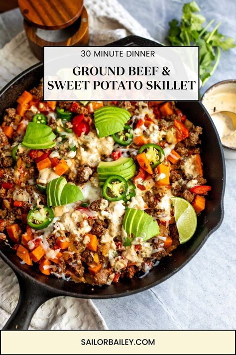 A quick and delicious weeknight meal! Try this Ground Beef & Sweet Potato Skillet. Full of southwest flavor and ready in 30 minutes! via @sailor_bailey Ground Beef Sweet Potato Skillet, Southwest Ground Beef, Beef And Sweet Potato Skillet, Ground Beef Sweet Potato, Beef Recipes Easy Quick, Beef And Sweet Potato, Sweet Potato Skillet Recipes, Beef Recipes Easy Dinners, Ground Beef Pasta Recipes