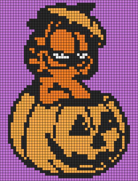 Garfield Alpha Pattern, Halloween Alpha Pattern, Halloween Garfield, Crochet Pictures, Halloween Perler, Grid Board, Garfield Pictures, Alphabet Patterns, Cross Stitch Alphabet Patterns