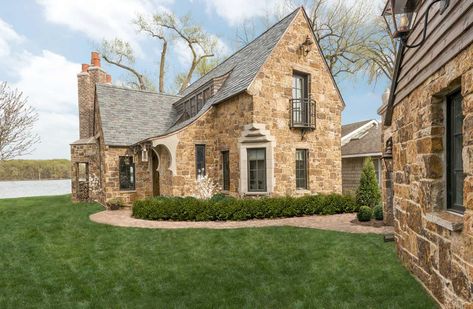 Charming stone cottage is an idyllic escape overlooking Lake Minnetonka One Kindesign, French Provincial Home, Stone Mansion, Porch Fireplace, Lake Minnetonka, Entry Stairs, Timber Ceiling, Small Cottages, Roofing Diy