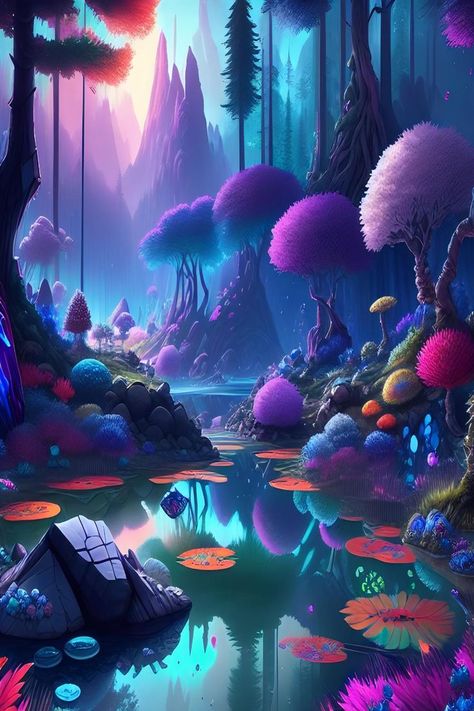 Get lost in the magical world of the Mystic Forest with this captivating print. Perfect for those who love fantasy landscapes. Mystic Forest, Forest Retreat, Jungle Illustration, Lovely Flowers Wallpaper, Forest Painting, The Mystic, Fantasy City, Poster Background Design, Cool Wallpapers Art