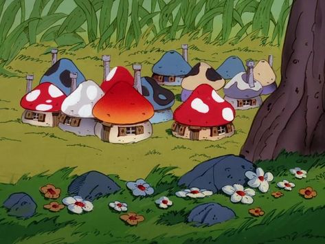 Smurf Village Background, Smurfs Aesthetic, Smurfs House, Village Games, Smurf House, Vision Wall, Smurf Village, The Smurfs, Design Moodboard