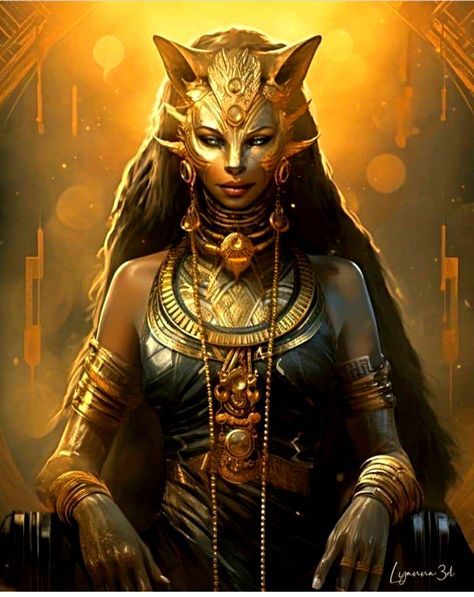 Satet Egyptian Goddess, Baset Egyptian Goddess Art, Eygptain Goddess, Bastet Goddess Art, Egyptian Fantasy Art, Lion Goddess, Sekhmet Goddess, Bastet Tattoo, Greek Mythology Family Tree