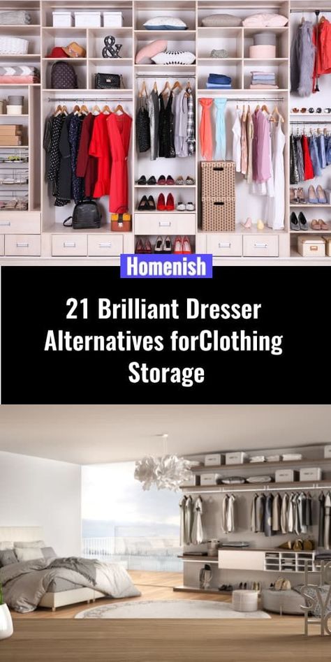 A dresser is one of the most common and traditional clothing storage solutions in the bedroom, but it’s not the only option for storing your bedding and clothes. All types of dressers have some disadvantages, which I will go into some detail below, so it’s always good to consider other alternatives for extra storage space. Clothes Storage Ideas No Dresser, Dresser Alternative, Organize Closet Space, Best Dresser, Organize Clothes, Cottagecore Kitchen, Traditional Dressers, Bedroom Organization Storage, Dresser Storage