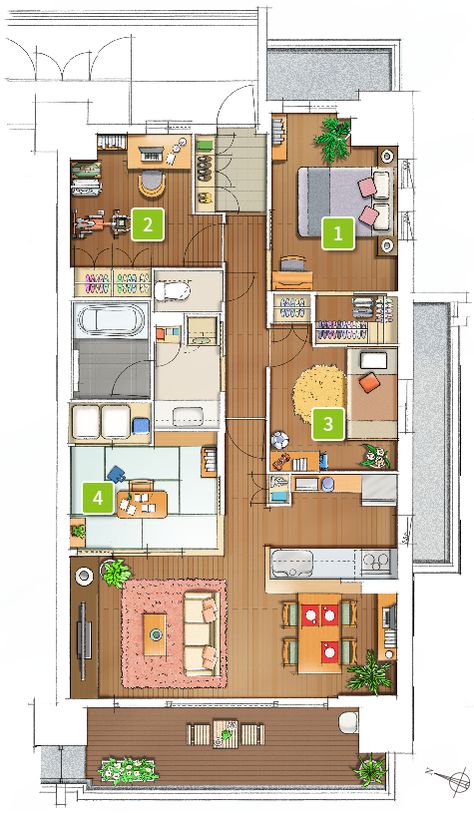 Japanese Style Home Floor Plans, Japan House Design Interior, Korean Home Floor Plans, Japan House Floor Plan, Asian House Plans, Modern Japanese Apartment Interior, Korean House Floor Plan, Korean Apartment Floor Plan, Narrow Apartment Layout