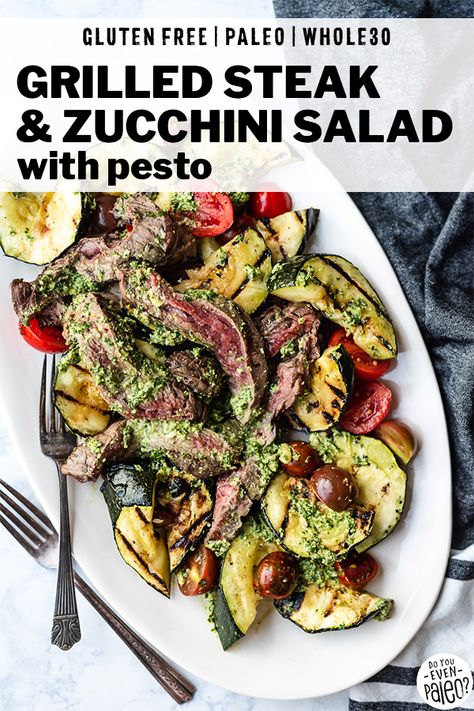 Steak And Pesto, Pesto Steak, Steak Zucchini, Pesto Salad Recipes, Whole30 Recipe, Steak Grilled, Large Zucchini, Seared Salmon Recipes, Dairy Free Pesto