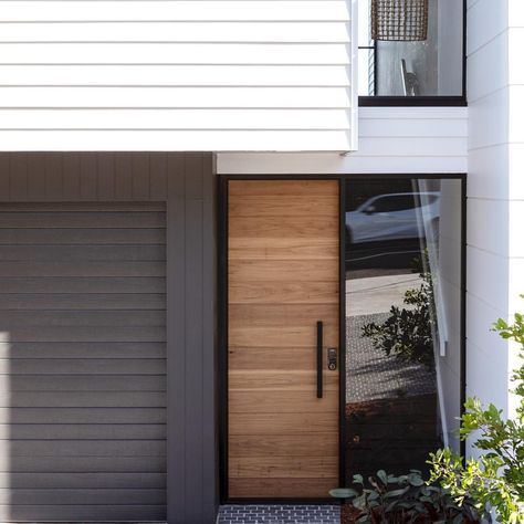 Entry Envy at #2intwelve . Our shiplap entry door now up on our website ☝🏼☝🏼. @the_stables_ @futureflip @realestatelifestyle Brick Garage, Duplex Homes, Garage Door Colors, Barn Door In House, House Entry, Sectional Garage Doors, Recycled Brick, Beach House Exterior, House Facade