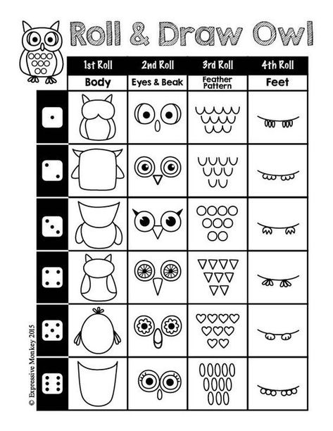 Draw Owl, Owls Decor, Roll And Draw, Draw An Owl, Drawing Fall, Owl Drawings, Owl Paintings, Drawing Games For Kids, Owl Quilts