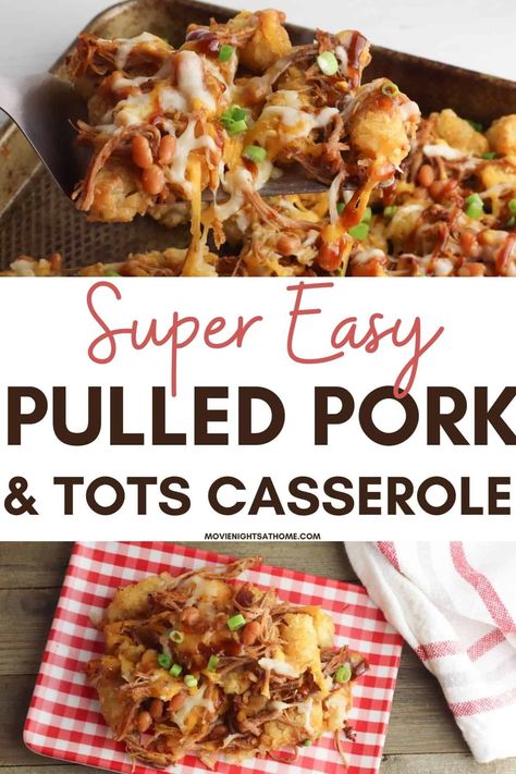 This tater tot & pulled pork casserole recipe is a great way to used leftover BBQ! This family favorite includes BBQ sauce, cheese, and beans. Pulled Pork Pork Chops, Shredded Pork Tater Tot Casserole, Bbq Pulled Pork Casserole, Bbq Pork Potatoes, Pulled Pork Tator Tot Nachos, Bbq Pork Casserole Recipes, Ideas For Pulled Pork Leftovers, Using Pulled Pork Leftovers, Dinner With Pulled Pork