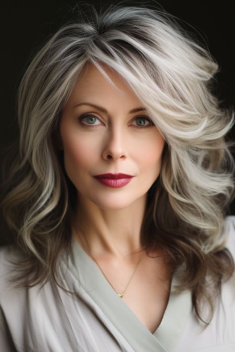 Silver hair with feathered layers adds a light, airy quality to your look. This style features layers that are strategically cut to give the hair movement and dimension, enhancing the beauty of the silver color. Click here to check out more stunning silver hair color ideas for 2023. Grey Hair Inspiration, Hair Mistakes, Silver Hair Color, Blending Gray Hair, Gray Hair Highlights, Haircuts For Medium Hair, Grey Hair Color, Hair Color Ideas, Grey Hair