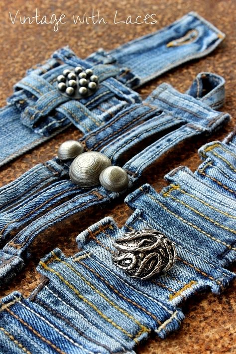 Denim Belt Loop Cuffs by Vintage with Laces, featured on Funky Junk Interiors Jean Projects Denim Crafts, Återvinna Jeans, Manset Lengan, Denim Bracelet, Denim Crafts Diy, Jeans Accessories, Recycled Sweaters, Blue Jeans Crafts, Denim Jewelry