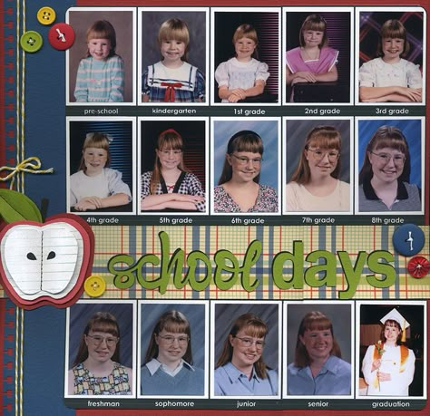 School Days - Scrapbook.com School Scrapbook Layouts, Graduation Scrapbook, Scrapbook Pictures, School Scrapbook, School Photo, Kids Scrapbook, School Memories, Scrapbooking Photo, School Pictures