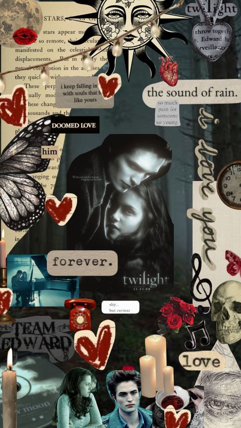 Twilight<3 #twilight #bellaswan #edwardcullen #bellaandedward #teamedward #bellawherethehelhaveyoubeenloca #newmoontwilight #vampire #twilightaeshetic Twilight Promposal, Twilight Valentines, Twilight Wall Collage, Twilight Collage Wallpaper Laptop, Bella’s Room Twilight, Vampire Games, Twilight Breaking Dawn Part 1 Poster, Bella Swan, Sound Of Rain