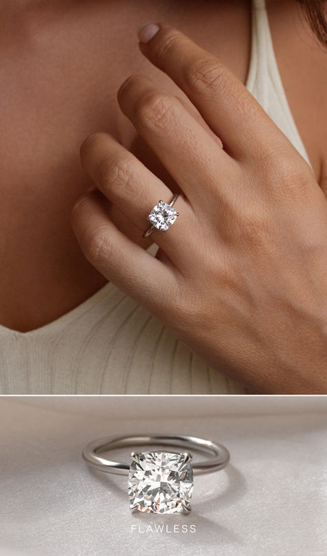 The Chelsea epitomizes elegance with its solitaire design, featuring a brilliant diamond held by four prongs atop a delicate, plain band for timeless sophistication. 💍 Solitaire Cushion Engagement Ring, Cushion Cut Solitaire, Cushion Engagement Ring, Gold Cushions, Cushion Ring, White Gold Engagement Ring, Plain Bands, White Gold Engagement, White Gold Engagement Rings