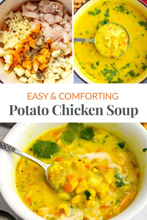 Roasted Potato Soup Recipe, Soup Recipes With Potatoes, Carrot Potato Soup, Golden Soup, Carrots Chicken, Soup Potato, Mains Recipes, Chicken Potato Soup, Garlic Carrots