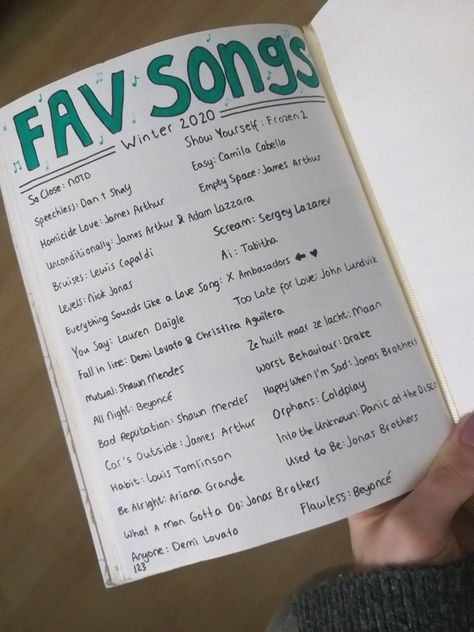 Favourite Songs Journal Page, Journal Songs Page, Journal Favorite Songs, Journal Lettering, Bullet Journal Notes, Journal Idea, Cool Journals, Lettering Ideas, Burn Book