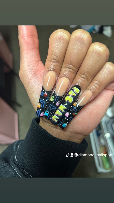 Character Acrylic Nails, Marvin The Martian Nail Art, Video Game Nails, Pacman Nails, Long Acrylic Nails Cartoon, Pacman Nail Art, Gamer Nails, Lego Nails, Monster Nails Acrylic