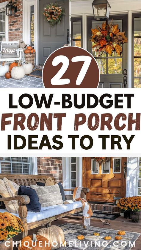 Looking to spruce up your front porch for fall without breaking the bank? Discover 27 creative and affordable decor ideas that will bring the cozy charm of autumn to your home. From DIY wreaths and pumpkin displays to rustic signs and cozy textiles, find inspiration to make your porch warm and inviting this season. 🍁🎃🍂 Pew On Front Porch, Porch Shelf Ideas, Outdoor Fall Bench Decor, Cozy Fall Porch Ideas, Simple Small Front Porch Ideas, Fall Theme Front Porch Ideas, Minimal Front Porch Decor, Unique Fall Front Porch Decor, Easy Front Porch Fall Decor