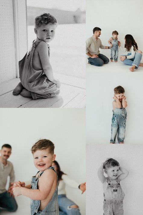 Family Pictures White Background, Studio Styled Shoot, White Backdrop Family Photos, White Background Family Photoshoot, Family Photos White Background, Family Photo Outfits Studio, Toddler Studio Photoshoot, Denim And White Family Pictures, Denim Family Photoshoot