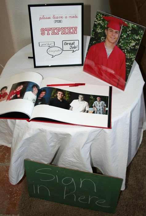 Love this guest book idea for a grad party! Before leaving, each guest was asked to “Sign in" -- in a book of photos put together by his parents from his school days. Each guest signed throughout the book just like signing a yearbook. Graduation Boards, Graduation Guest Book, Graduation Open House, Open House Ideas, Senior Graduation Party, Graduation Open Houses, Graduation Party Themes, Graduation Party Planning, College Graduation Parties