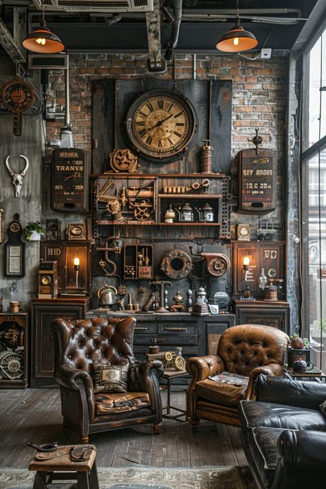 29 Industrial Living Room Ideas for Powerful Interiors - My Elegant Home Cosy Industrial Living Room, Industrial Living Room Ideas, Repurposed Antiques, Steampunk Rooms, Steampunk Interior, Modern And Rustic Decor, Loft Style Living, Industrial Living Room, Industrial Chic Design