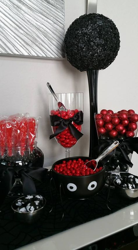 Black And Red Food Party Ideas, Red Black And White Dessert Table, Red And Black Mens Birthday Party, Red And Black Gender Reveal Party, Black And Red 50th Birthday Party Ideas, Red And Black Halloween Party, Black And Red Halloween Party, Black And Red Decor Party Ideas, Red And Black Theme Party