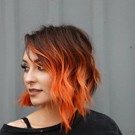 Asymmetric Bob, Bob Color, Cool Blonde Hair Colour, Unnatural Hair Color, Color Block Hair, Cheveux Oranges, Sunset Hair, Short Ombre Hair, Vivid Hair Color