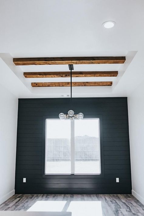 Black Shiplap Accent Wall, Accent Ceiling Ideas, Cathedral Ceiling Living Room, Black Shiplap, House With Land, Accent Ceiling, Interior Design Layout, Metal Building Home, Shiplap Accent Wall