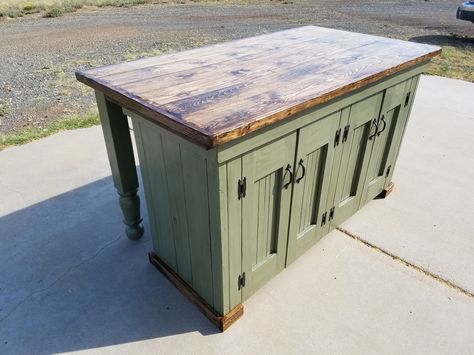 Green Kitchen Island With Butcher Block Top, Diy Base Kitchen Cabinets, Safe Green Kitchen Island, Sage Green Kitchen Cabinets Farmhouse Butcher Block, Sage Green Wood Stain, Distressed Green Cabinets, Rustic Green Kitchen Cabinets, Green Wood Stain Cabinets, Green Stained Cabinets