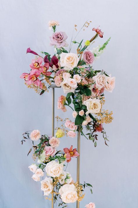 Harlow Stand Arrangements, Wedding Floral Aisle Arrangements, Wedding Flowers On Stand, Harlow Stand Ceremony, Harlow Stand Centerpiece, Rustic Arbour, Statement Arrangement, Floral Columns, Elevated Centerpiece