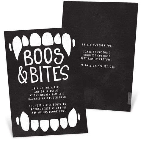 Throw a spooky-fun Halloween party and invite with Boos and Bites themed invitation. Customize this vampire-teeth themed party invite with your own custom wording, colors and more. Boos and Bites is such a fun theme for a Halloween party! The vampire teeth hold the phrase "boos and bites" along with your own custom party wording. Equally affordable and adorable, this party invite is a great way to invite friends and family to your spooky bash. Vampire Halloween Party Invitations, Halloween Invites Wording, Halloween Potluck Invitations, Halloween Party Invites Wording, Halloween Office Party Ideas, Halloween Invitation Ideas, Halloween Party Inspo, Glam Halloween Party, Vampire Halloween Party