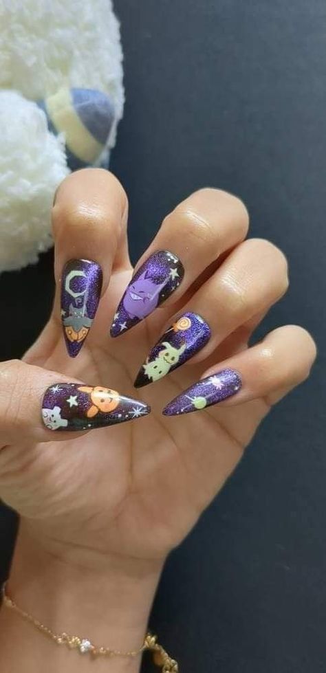 Pokemon Halloween Nails, Cute Pokemon Nails, Gengar Nail Art, Cute Extra Nails, Sylveon Nails, Mimikyu Nails, Toothless Nails, Eevee Nails, Pokemon Nails Designs