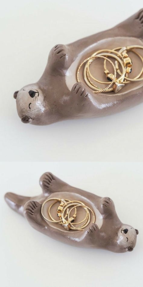 Otter Ring Holder, Otter Clay Dish, Cute Ring Holders Clay, Pottery Painting Jewelry Holder, Air Clay Ring Holder, Ring Clay Holder, Air Dry Clay Ring Holder Diy, Cute Ring Holder, Clay For Jewelry Holder