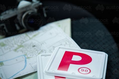 Red P plates and map on back seat of car P Plates Car, P Plates Driving Aesthetic, P Plates Driving, Big Goals, 2023 Vision, 2025 Vision, Inspo Board, Vision Boards, 2024 Vision