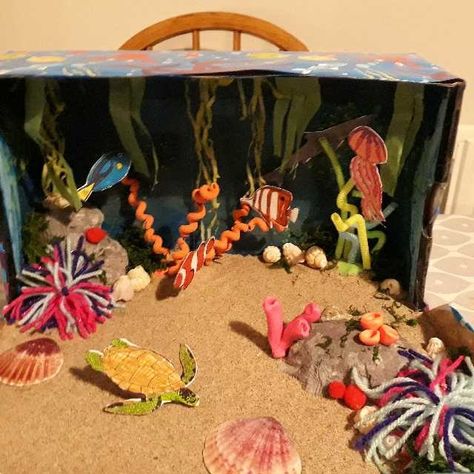 Coral reef shoe box diorama Animal Diorama, Shoe Box Diorama, Habitat Diorama, Ocean Diorama, Diorama Kids, Habitats Projects, Ocean Habitat, Ocean Projects, Diorama Ideas