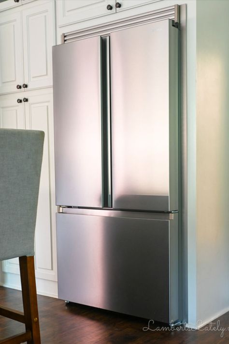 refrigerator with trim kit in a kitchen. Diy Fridge Surround, Paneled Refrigerator, Instant Pot Freezer Meals, Refrigerator Panels, Moms Kitchen, Samsung Fridge, American Fridge, Built In Refrigerator, Trim Kit