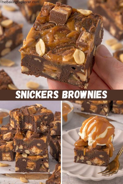 Recipe for Snickers Brownies - fudgey chocolate brownies packed with peanut butter, caramel sauce and Snickers bars #thebakingexplorer #snickers #chocolatebrownies #peanutbutter #caramelbrownies Mars Bar Brownies, Snickers Brownie Cake, Peanut Butter Caramel Brownies, Snickers Recipes Desserts, Snickers Brownies Recipe, Brownies With Toppings, Butter Caramel Sauce, Homemade Snickers Bars, Snickers Brownies