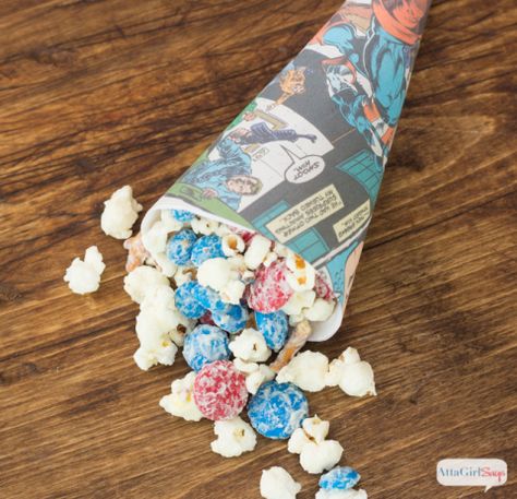 Captain America Party Ideas, White Chocolate Popcorn Mix, Superhero Snacks, Captain America Party, Printable Party Invitations, White Chocolate Popcorn, Popcorn Mix, America Party, Popcorn Treats