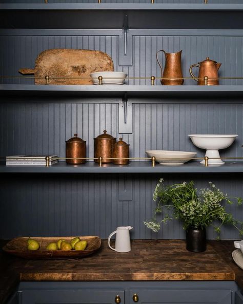 Let’s talk paint colors! Grays Harbor 6236 by Sherwin-Williams did a great job of tying this home together. The bluish gray hue not only created a seamless transition between the pantry and butler’s pantry, but also brought a sense of unity and harmony throughout the space. Its soothing and versatile nature adds a touch of sophistication. 📸 @angelanewtonroyphotography 🌿 @kristihunter Sw Greys Harbor, Grays Harbor Sherwin Williams Cabinets, Sherwin Williams Grays Harbor Cabinets, Sw Charcoal Blue Cabinets, Smoky Blue Sherwin Williams Cabinets, Sw Grays Harbor Cabinet, Grays Harbor Sherwin Williams, Sherwin Williams Gray’s Harbor, Grays Harbor