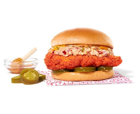 Honey Pepper Pimento Spicy Chicken Sandwich | Chick-fil-A Sandwich Videos, Spicy Breaded Chicken, Spicy Chicken Sandwich, Sandwich Video, Easter Food Appetizers, Spicy Chicken Sandwiches, Breaded Chicken Breast, Sweet Heat, Spicy Honey