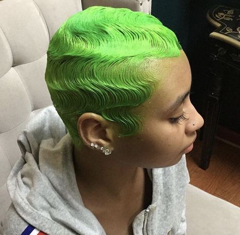 Green Finger Waves Convention Cosplay, Shaved Head Designs, Finger Waves Short Hair, Short Hair Designs, Finger Wave Hair, Short Shaved Hairstyles, Natural Hair Short Cuts, Finger Waves, Short Sassy Hair