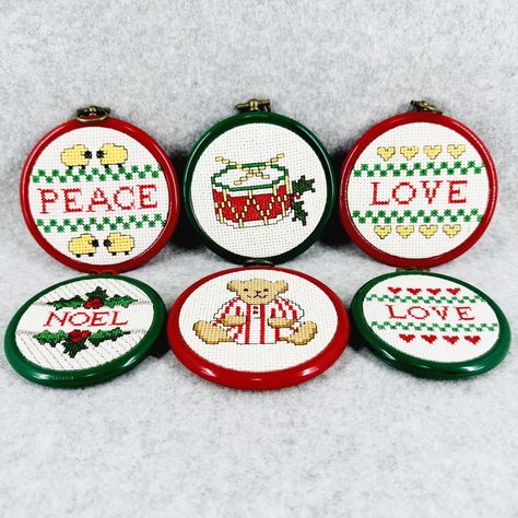 Cross Stitch Ornaments Lot of 6 Bear Drum Love Noel Peace Finished Handmade Cross Stitch Ornaments, Stitch Ornaments, Drum Patterns, Cross Stitch Christmas Ornaments, Christmas Ornament Pattern, Craft Business, Cross Stitch Kits, Christmas Cross Stitch, Peace And Love