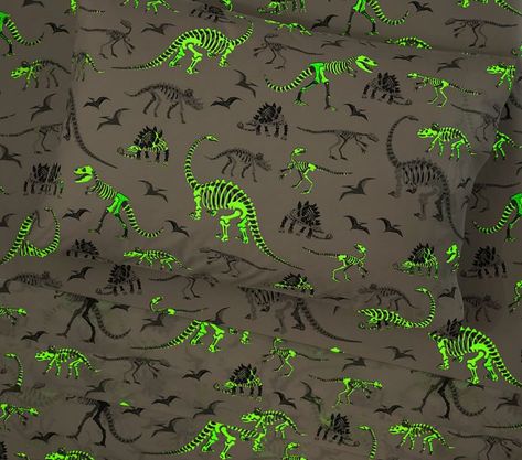 Organic Dinosaur Bones Glow-in-the-Dark Kids' Sheet Set | Pottery Barn Kids Dino Room, Dino Bones, Dinosaur Skeletons, Toddler Bed Sheets, Dinosaur Room Decor, Dinosaur Bedroom, Toddler Sheets, Hawaiian Party Decorations, Kids Sheets