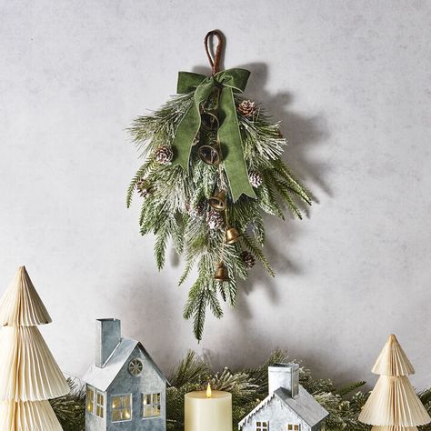 Christmas Greenery With Bells, Winter Garland Front Door, Christmas Swags For Front Door, Lit Trees, Pine Swag, Winter Swag, Indoor Lanterns, Pre Lit Garland, Winter Garland