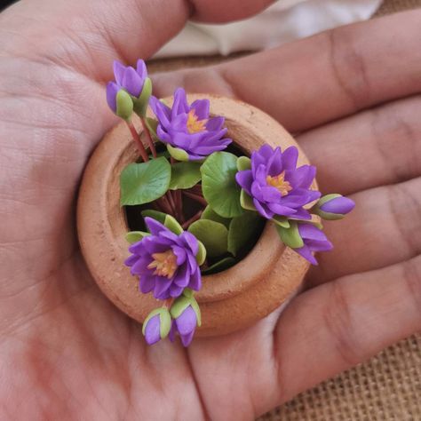 Clay Flower Bouquet, Clay Lily, Water Lily Flower, Mini Plant Pots, Polymer Flowers, Flower Bunch, Wedding Green, Clay Wall Art, Flower Handmade