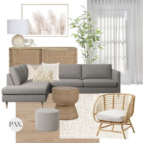 Contemporary Style Mood Board, Tulum Style Living Room, Neutral Tv Room, Grey Couch Mood Board, Modern Organic Mood Board, Contemporary Mood Board Interior Design, Modern Coastal Mood Board, Ikea Mood Board, Modern Contemporary Mood Board