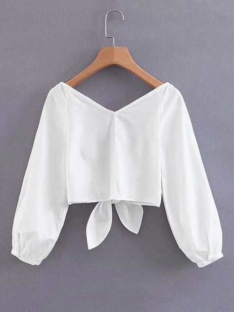 Tie Back Solid Crop Top | SHEIN Solid Crop Top, Latest Crop Tops, Blouse Tops Designs, Cotton Blouse Design, Girls Dresses Sewing, Simple Kurta Designs, Girls Crop Tops, Top Shein, Trendy Dress Outfits