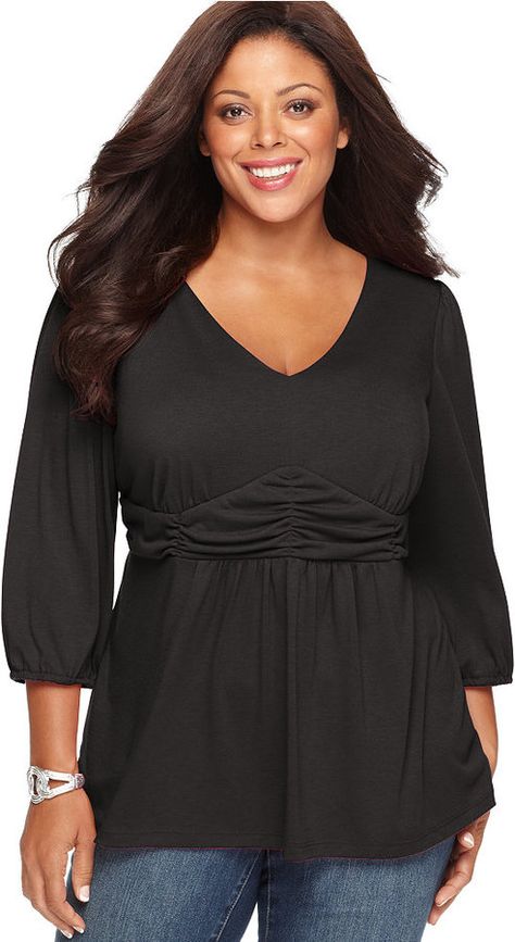 NY Collection Plus Size Three-Quarter-Sleeve Ruched Empire-Waist Top Best Tops For Large Bust, Tops For Large Bust, Plus Zise, Empire Waist Tops, Look Plus Size, Plus Size Top, Curvy Girl Fashion, Look Plus, Fashion Mode