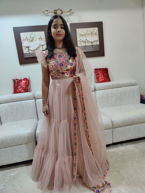 Crop Top Lehenga For Birthday, Net Lehanga Croptop Designs, Net Crop Top Designs For Long Skirt, Kids Lehanga Design, Pattu Crop Top Lehenga For Kids, Crop Top And Skirt Indian For Kids, Kids Long Dress, Kurthi Design, Girls Crop Tops Lehnga Kids