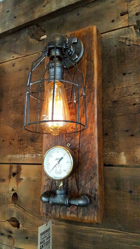 Steampunk, Industrial Barn Wood Wall Sconce, light, lamp, #1066 Wall Sconces Living Room Decor, Steampunk Bedroom, Industrial Pipe Lamp, Steampunk Furniture, Wall Sconces Living Room, Traditional Wall Sconces, Lampe Diy, Steampunk Lighting, Sconces Living Room